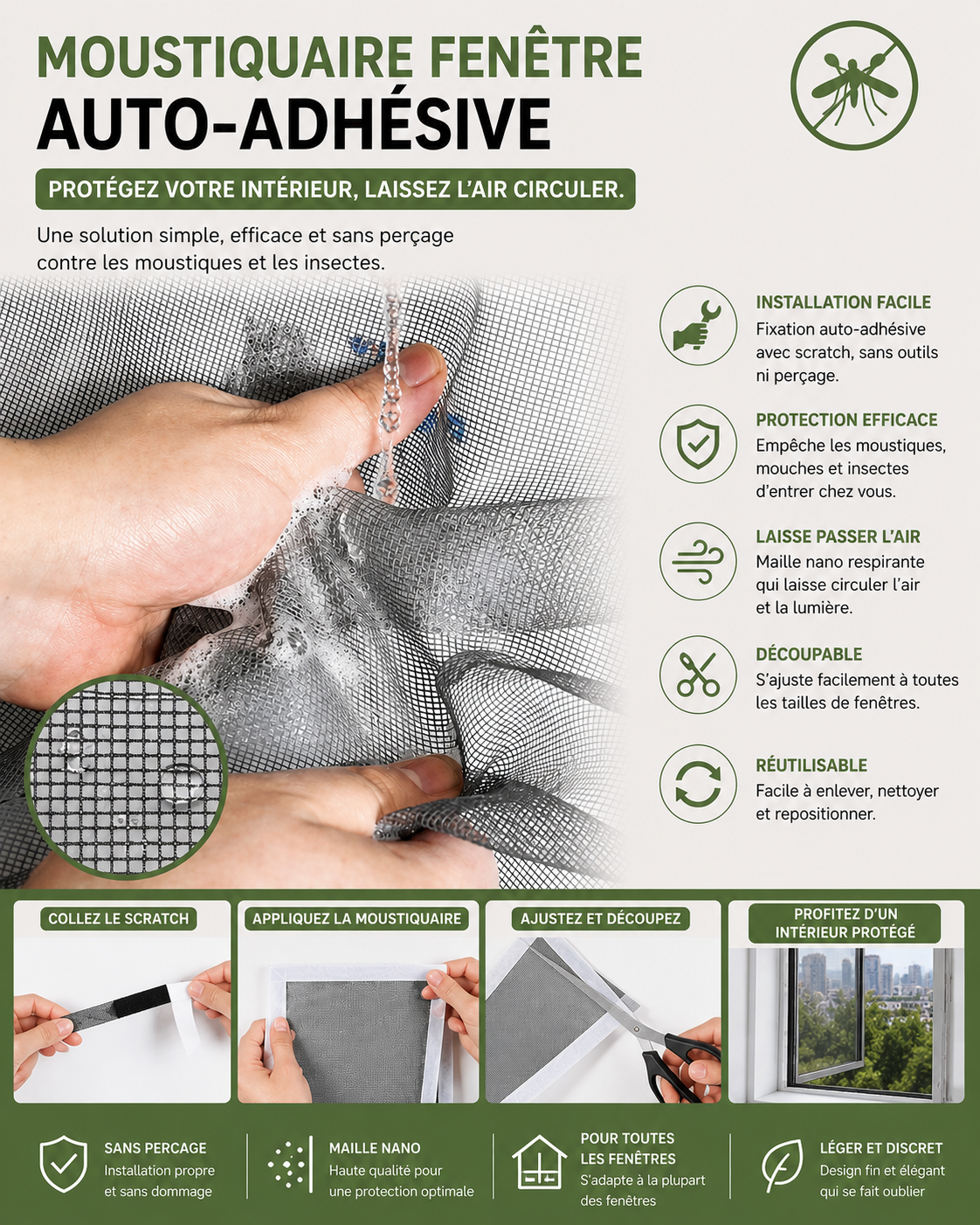 Moustiquaire fenêtre auto-adhésive (Blanc)