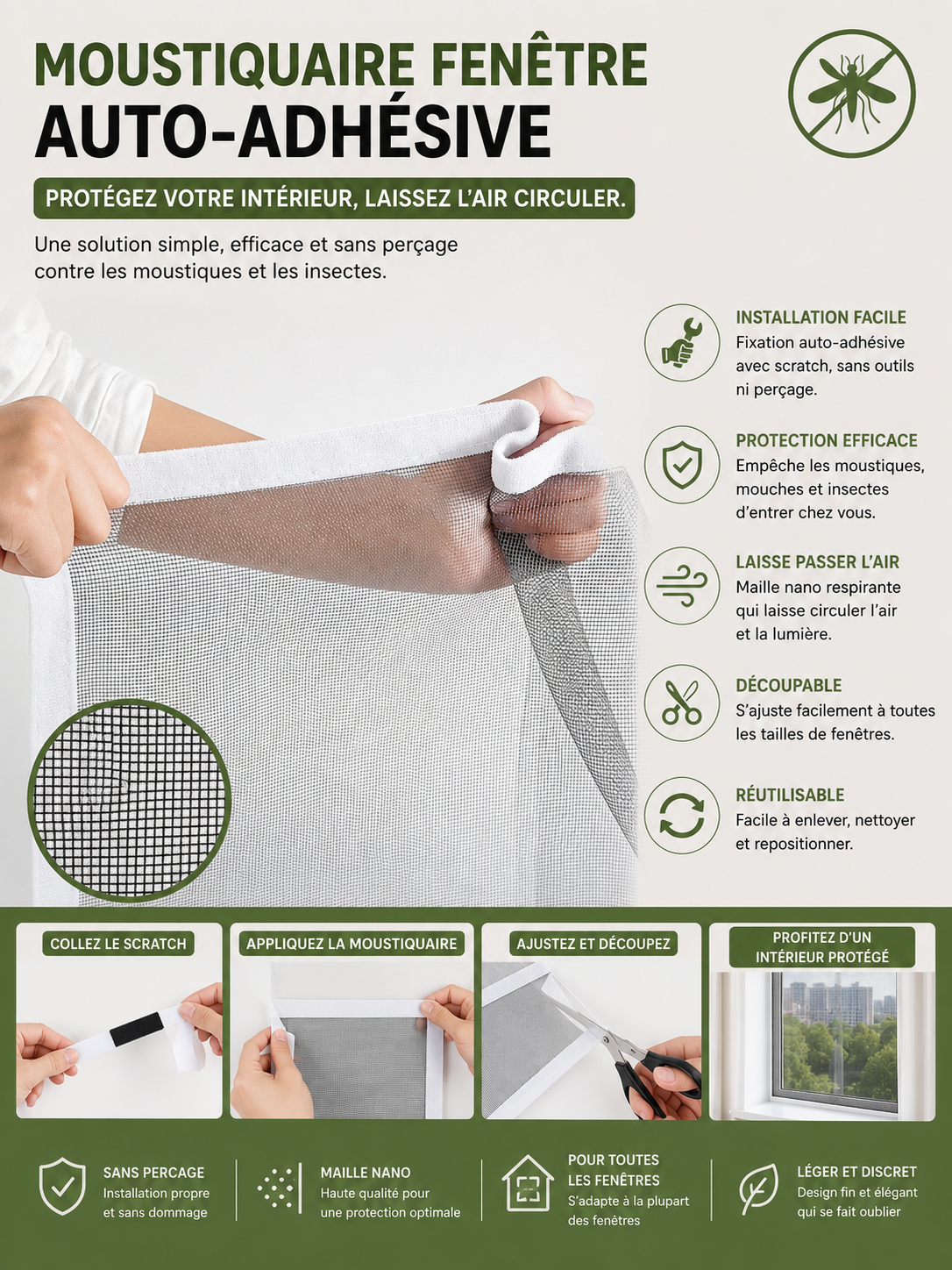 Moustiquaire fenêtre auto-adhésive (Blanc)