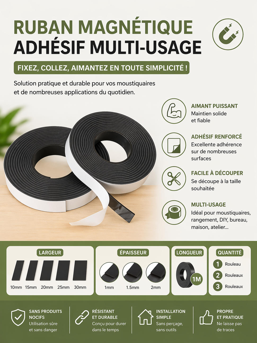 Ruban magnétique adhésif multi-usage