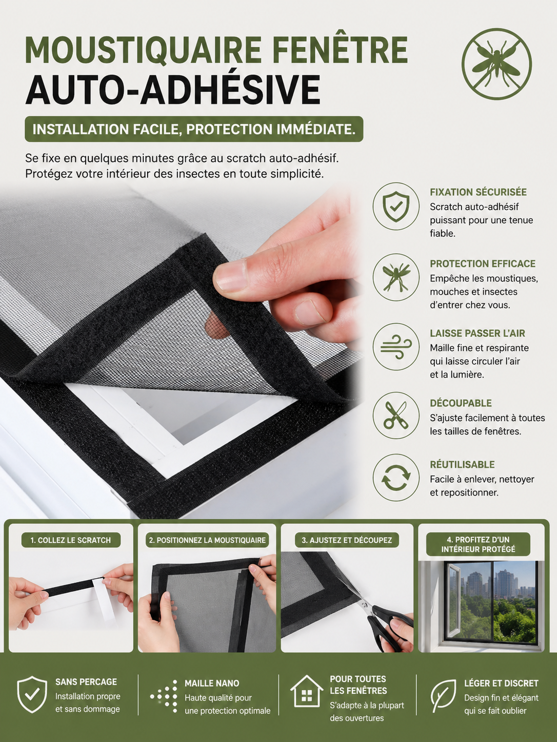 Moustiquaire fenêtre auto-adhésive (Noire)